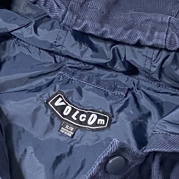 Volcom Jacket Men XL Blue Tan Bomber Varsity Letterman Snap Hoodie Skate Cotton - Picture 6 of 8